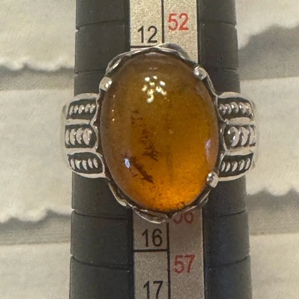 Antique Silver Yellow Amber Cabochon Cocktail Ring Bezel Gemstone Filagree Sz 7